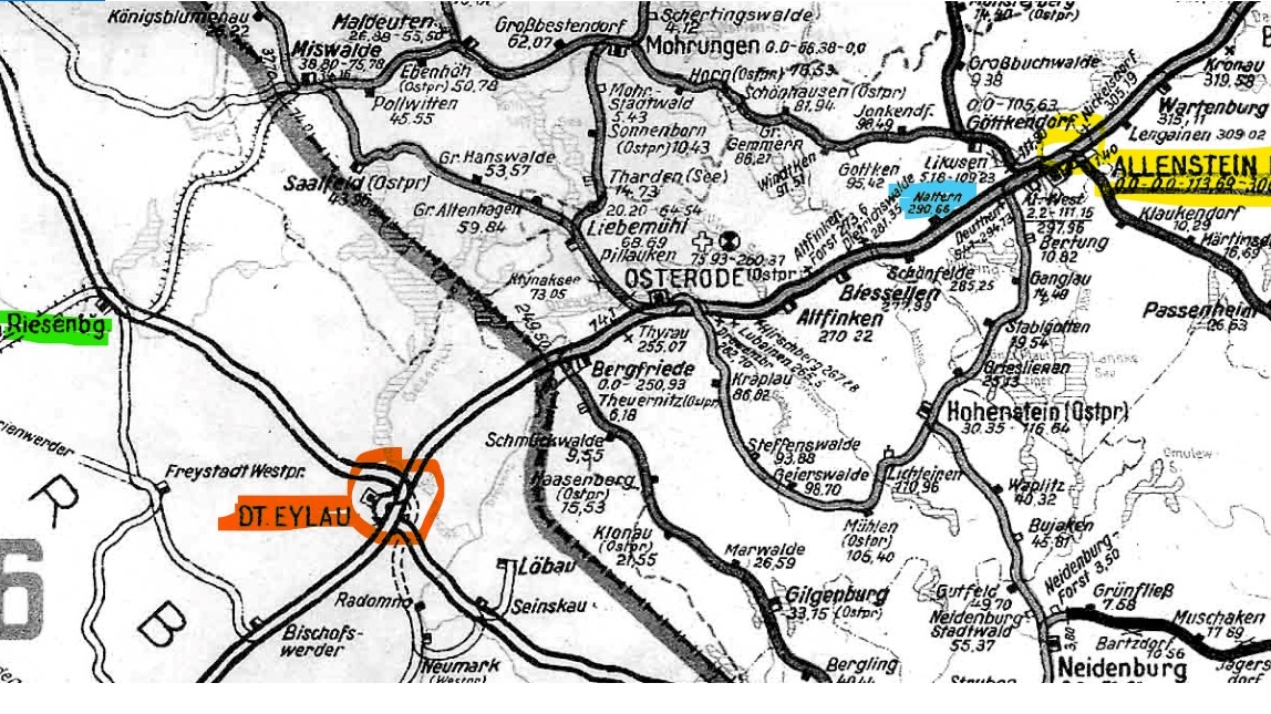 mapa kolejowa z 1944 r. z możliwymi miejscami, w jakie mógł trafić pociąg z ewakuowanymi
