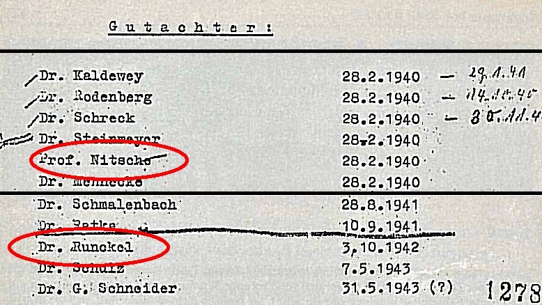 fragment listy biegłych „T4”, na których widnieli m.in. Curd Runckel, który wizytował  Kortau w 1944 i Hermann Paul Nitsche